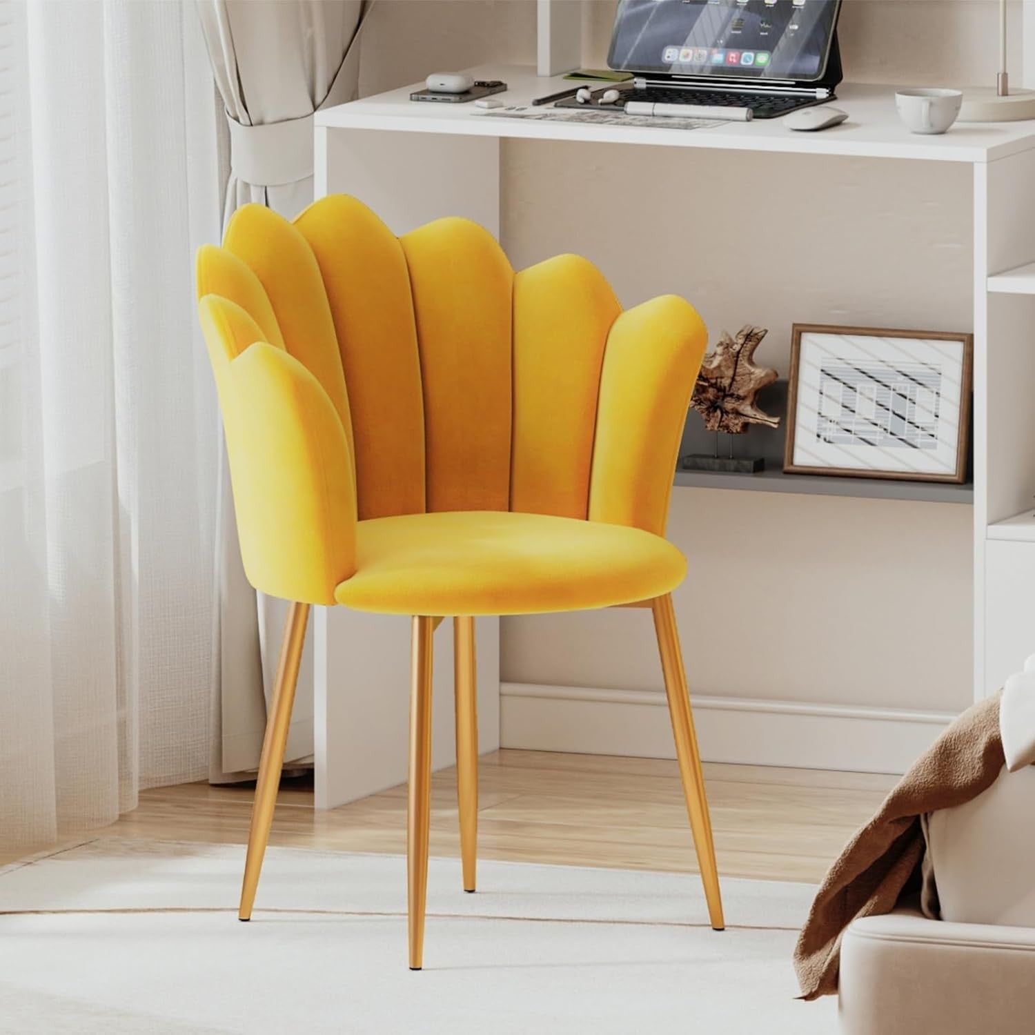Velvet Vanity Chair Shell Back Gold Metal Legs Yellow