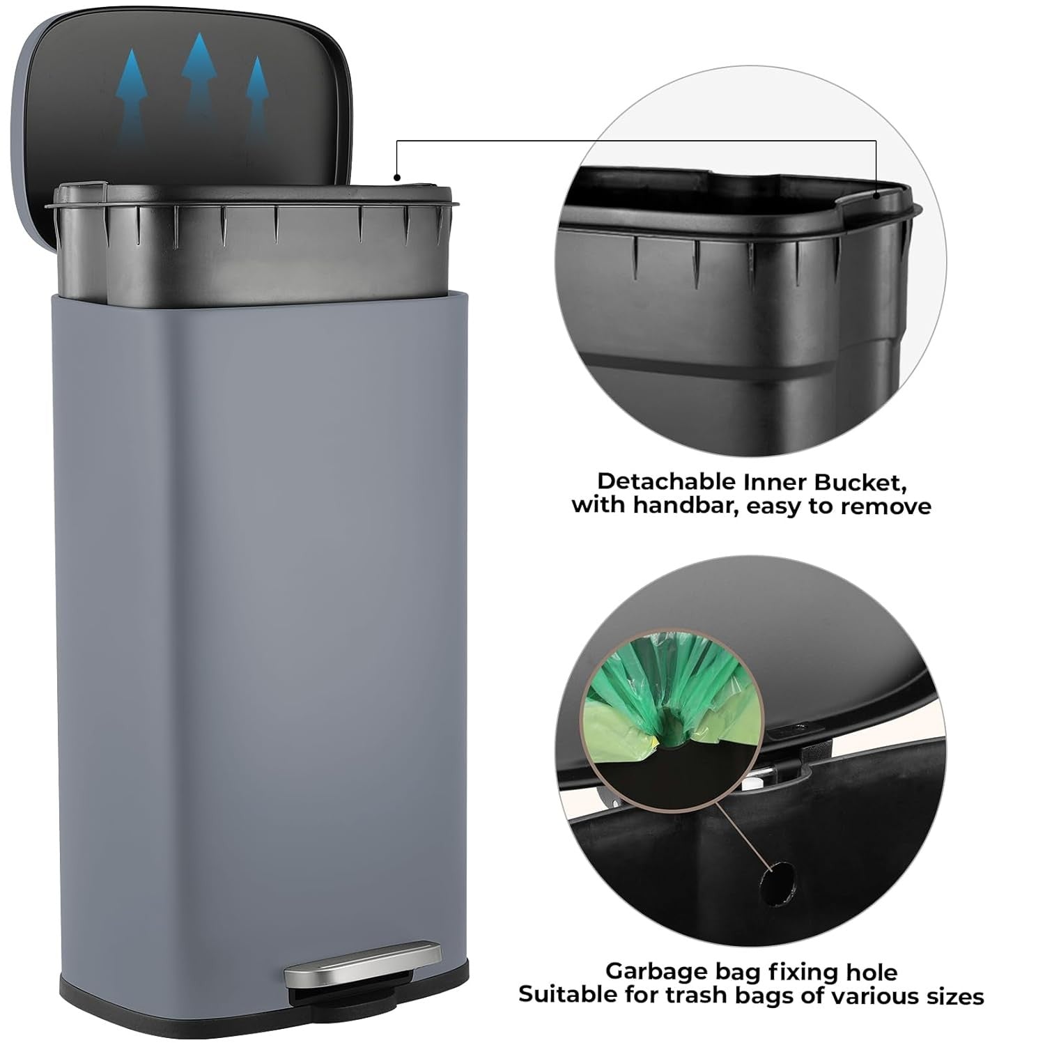 30L Stainless Steel Pedal Bin Soft Close Kitchen Waste Grey