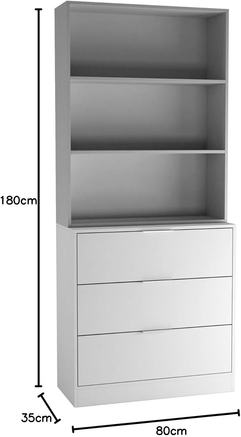 80cm White & Grey 3 Drawer Wooden Storage Chest Cabinet with Bookcase
