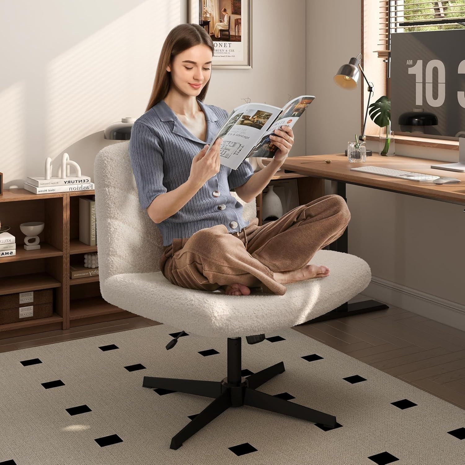 Boucle Office Desk Chair Adjustable Height Armless Swivel Ivory Home Study