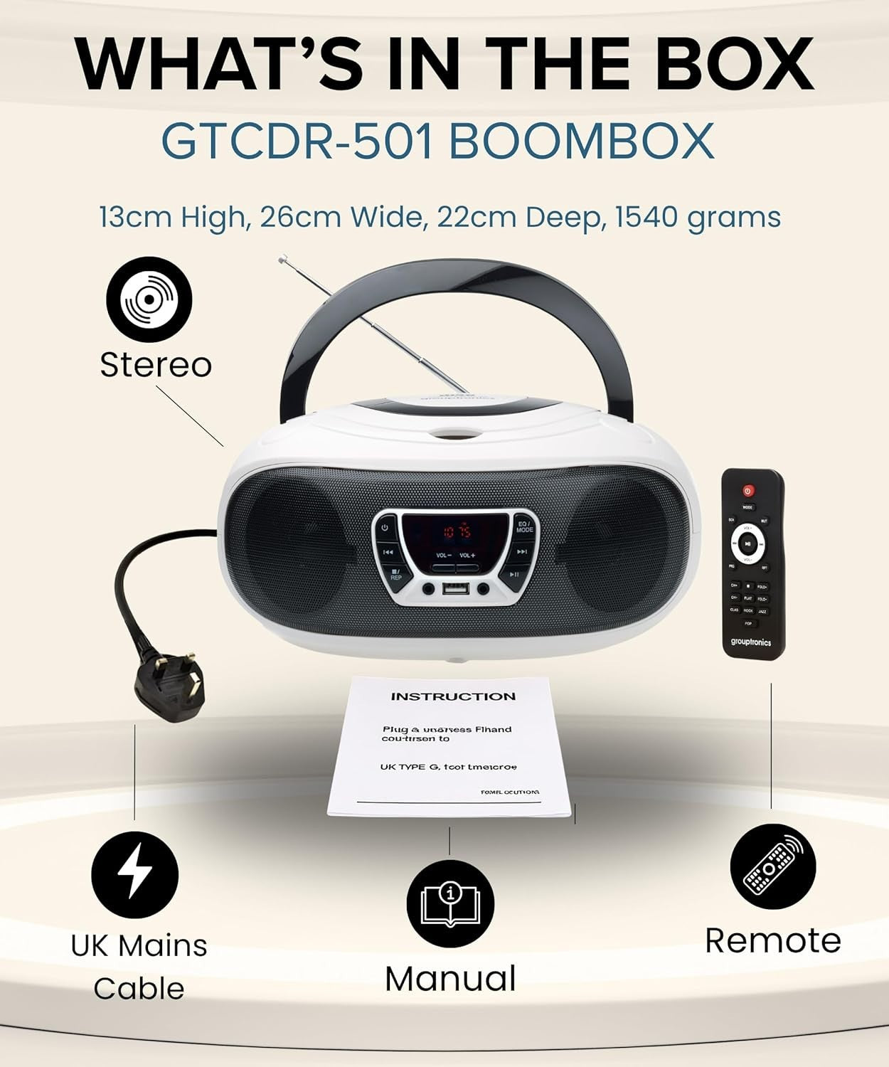 Portable Boombox CD Player FM Radio USB AUX Stereo Speakers White