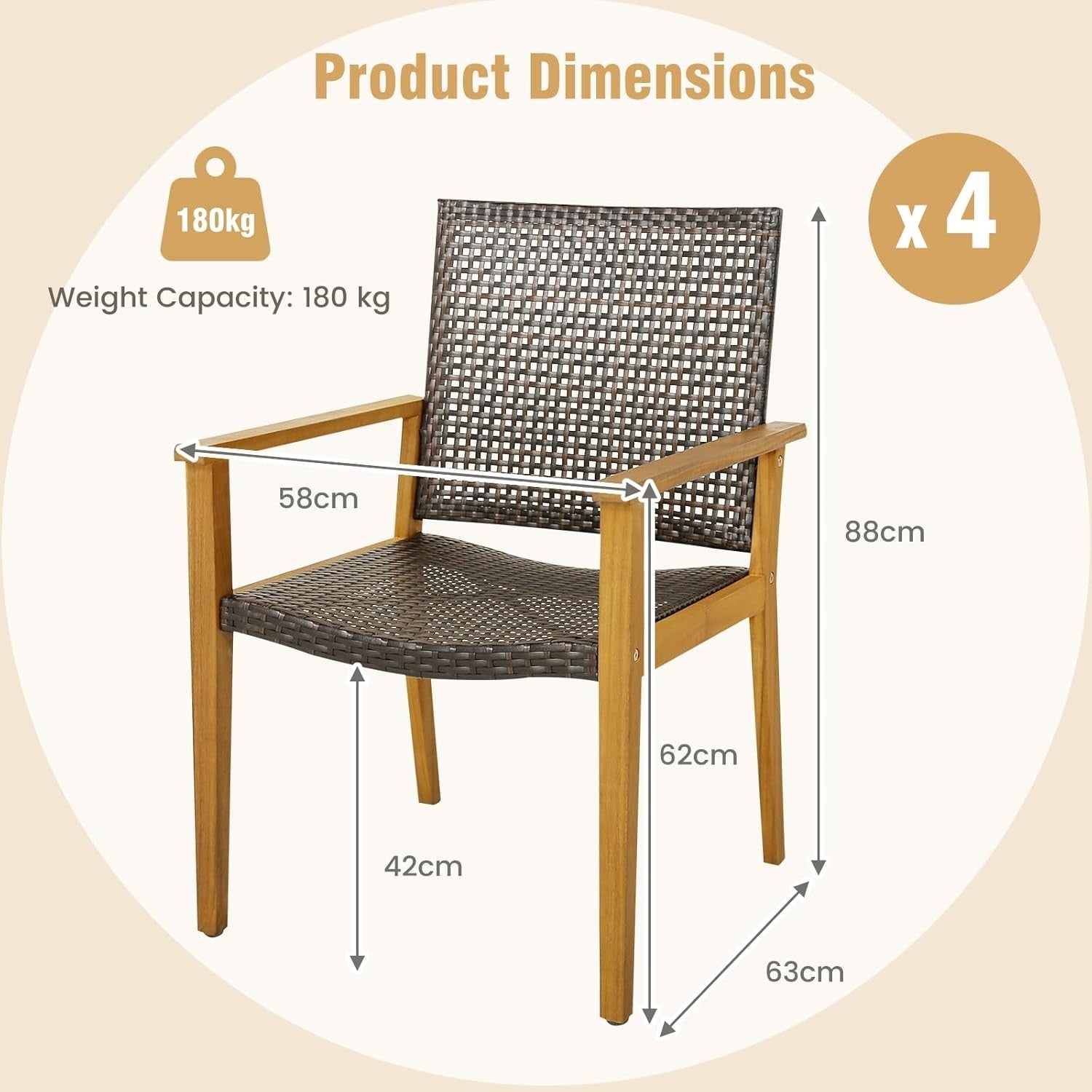 4x Garden Dining Chairs Acacia Wood Rattan Armchairs Outdoor Patio Set