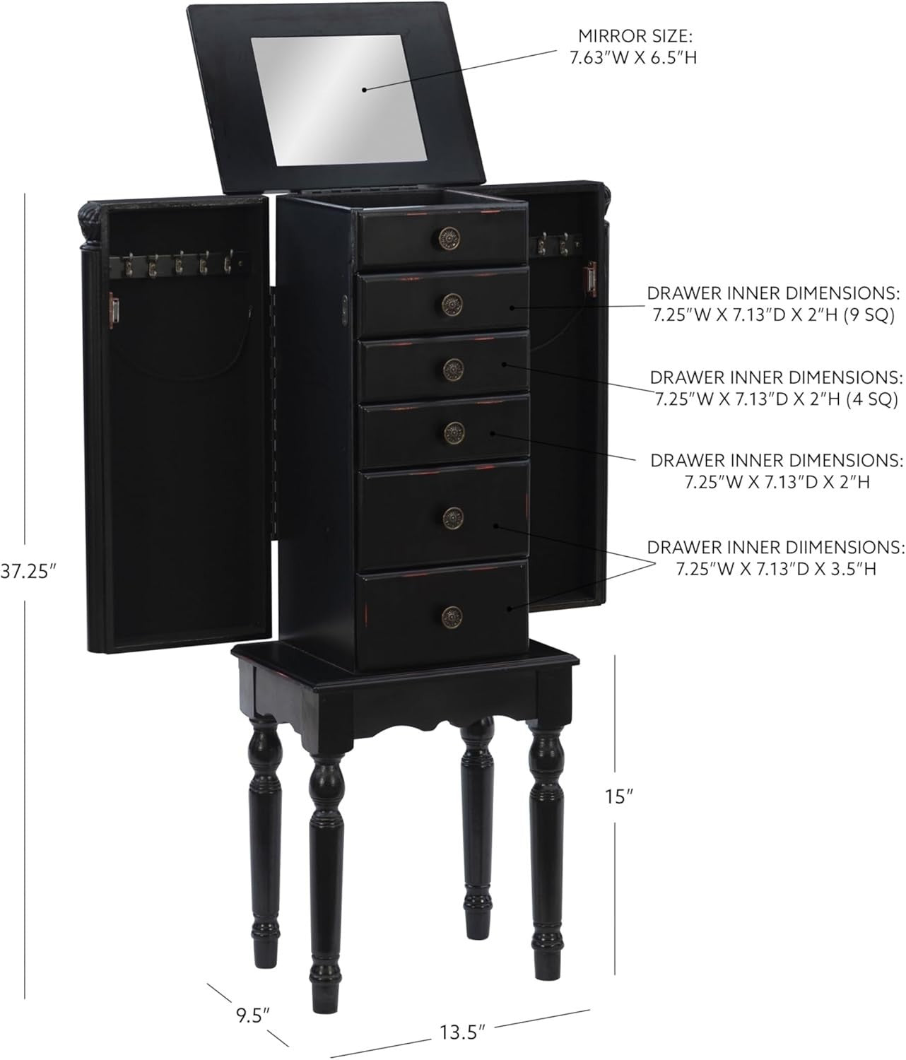 Distressed Ebony Black Jewellery Armoire with Mirror Side Doors Storage