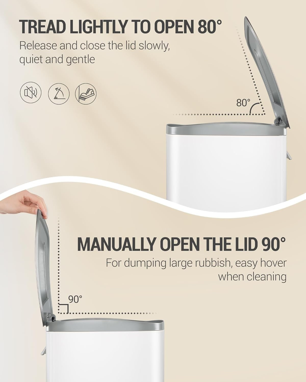 50L Stainless Steel Kitchen Bin Soft Close Pedal Lid White