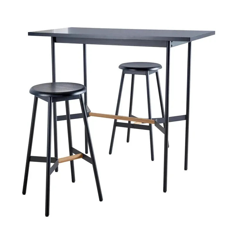 2 Piece Bar Table Set Black Metal Frame with Oak Stools Kitchen Breakfast