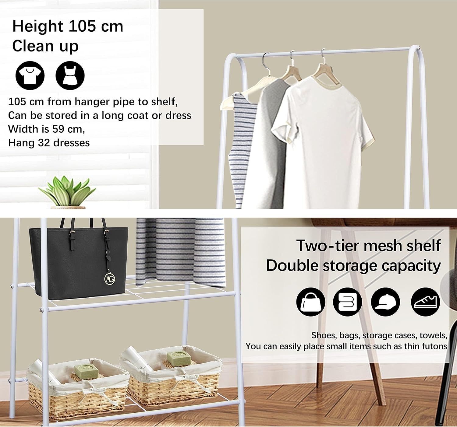 White Clothes Rail Stand with Metal Shelf 1.5m Space Saver