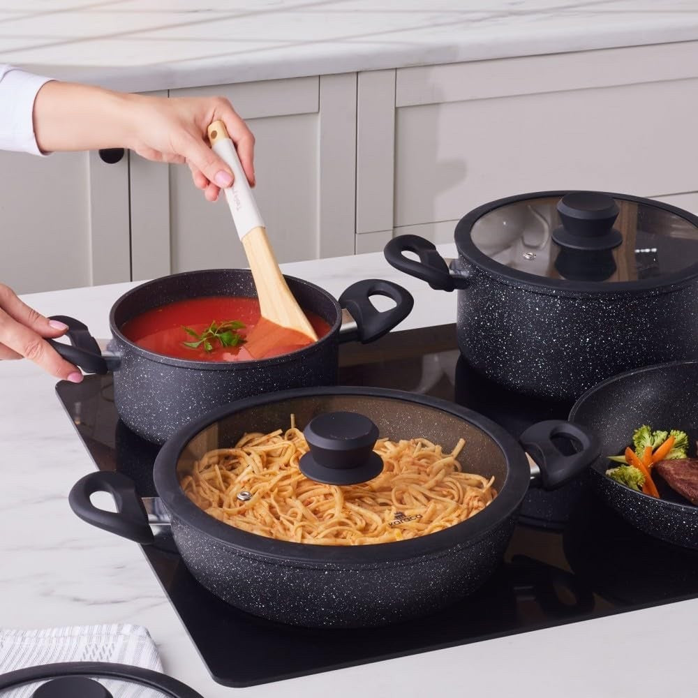7pcs Black Nebula Granite Non-Stick Induction Cookware Set with Lid PFOA Free