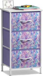 Kids 3-Drawer Storage Nightstand Fabric Dresser Chest w/ Wood Top Purple Tie-Dye