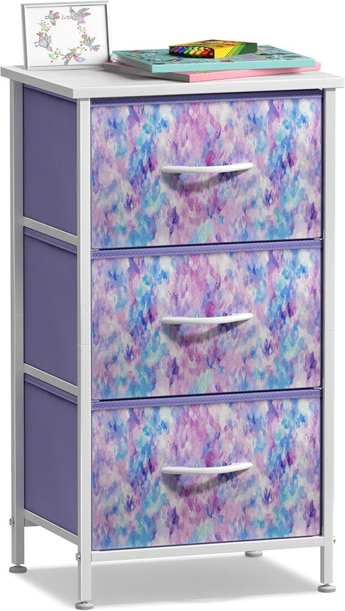 Kids 3-Drawer Storage Nightstand Fabric Dresser Chest w/ Wood Top Purple Tie-Dye