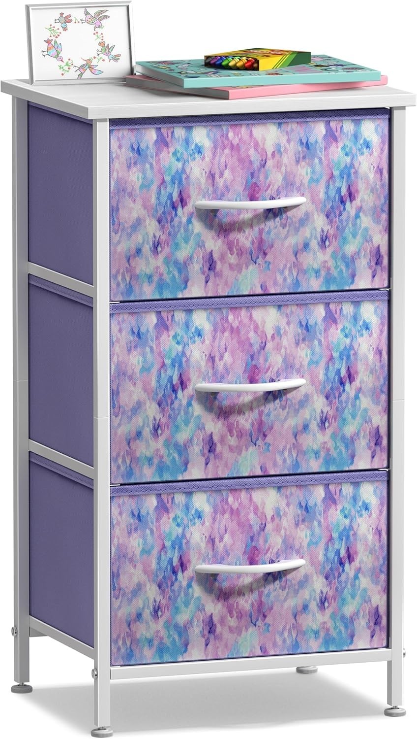 Kids 3-Drawer Storage Nightstand Fabric Dresser Chest w/ Wood Top Purple Tie-Dye