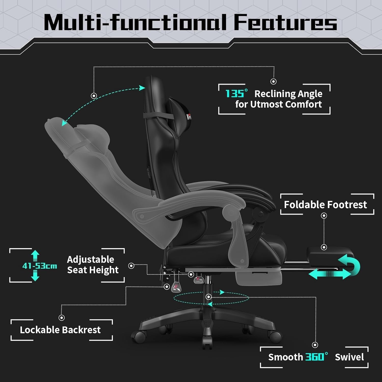 Ergonomic Gaming Chair Recliner with Footrest 360° Swivel Desk