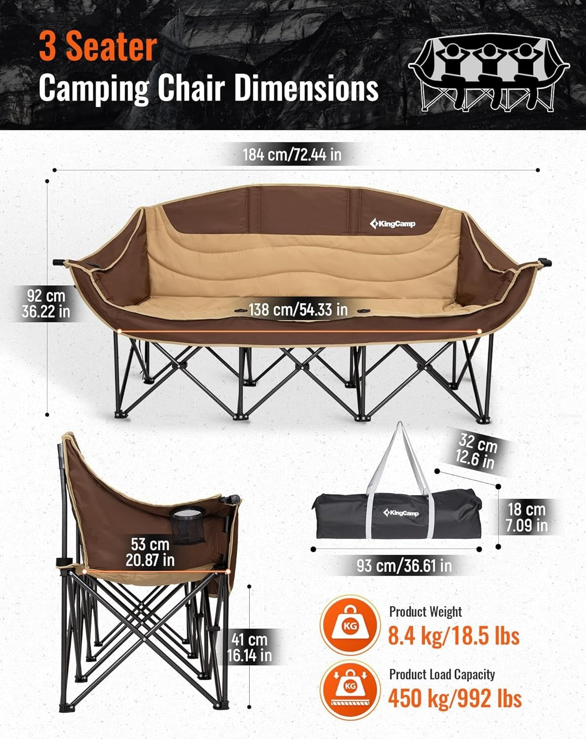 3 Seater Folding Camping Sofa Chair Heavy Duty Outdoor Garden Seat 300kg