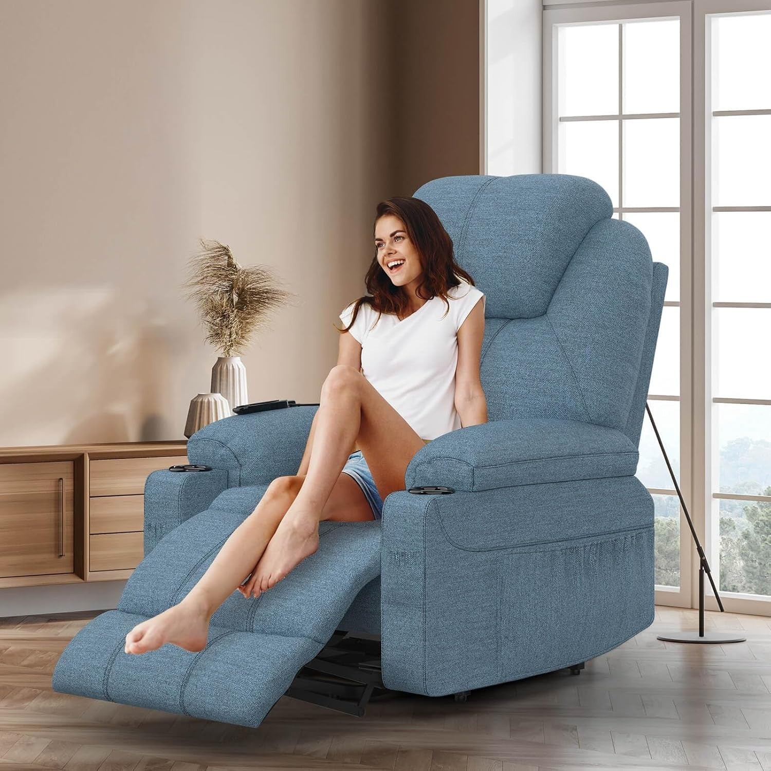 Power Lift Recliner Chair Massage Heat USB Type-C Cup Holders Fabric Blue Grey