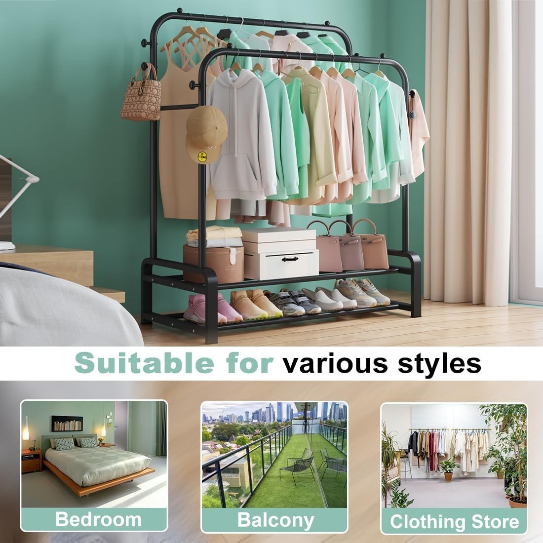 Heavy Duty Double Rail Clothes Rack with Shoe Shelves – Black