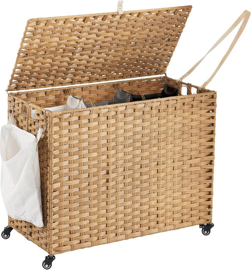 200L Wicker Laundry Hamper on Wheels | 3 Removable Bags & Lid | Large Natural Ba