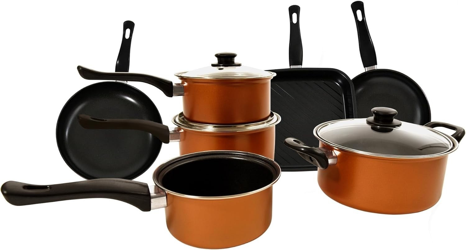 10Pcs Copper Non Stick Cookware Pots and Pans Set with Glass Lids & Grill Pan