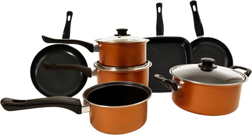 10Pcs Copper Non Stick Cookware Pots and Pans Set with Glass Lids & Grill Pan