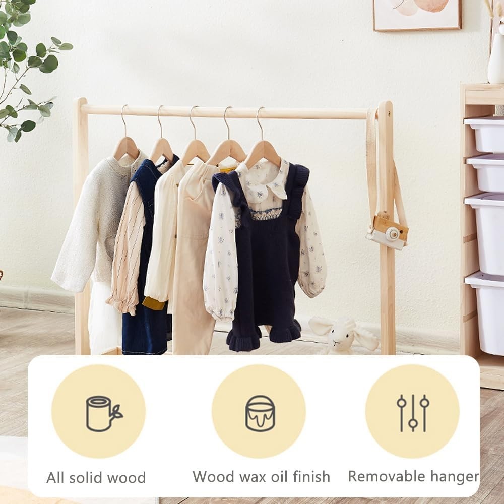 Kids Clothes Rack with Wheels, Wooden Toddler Stand Natural