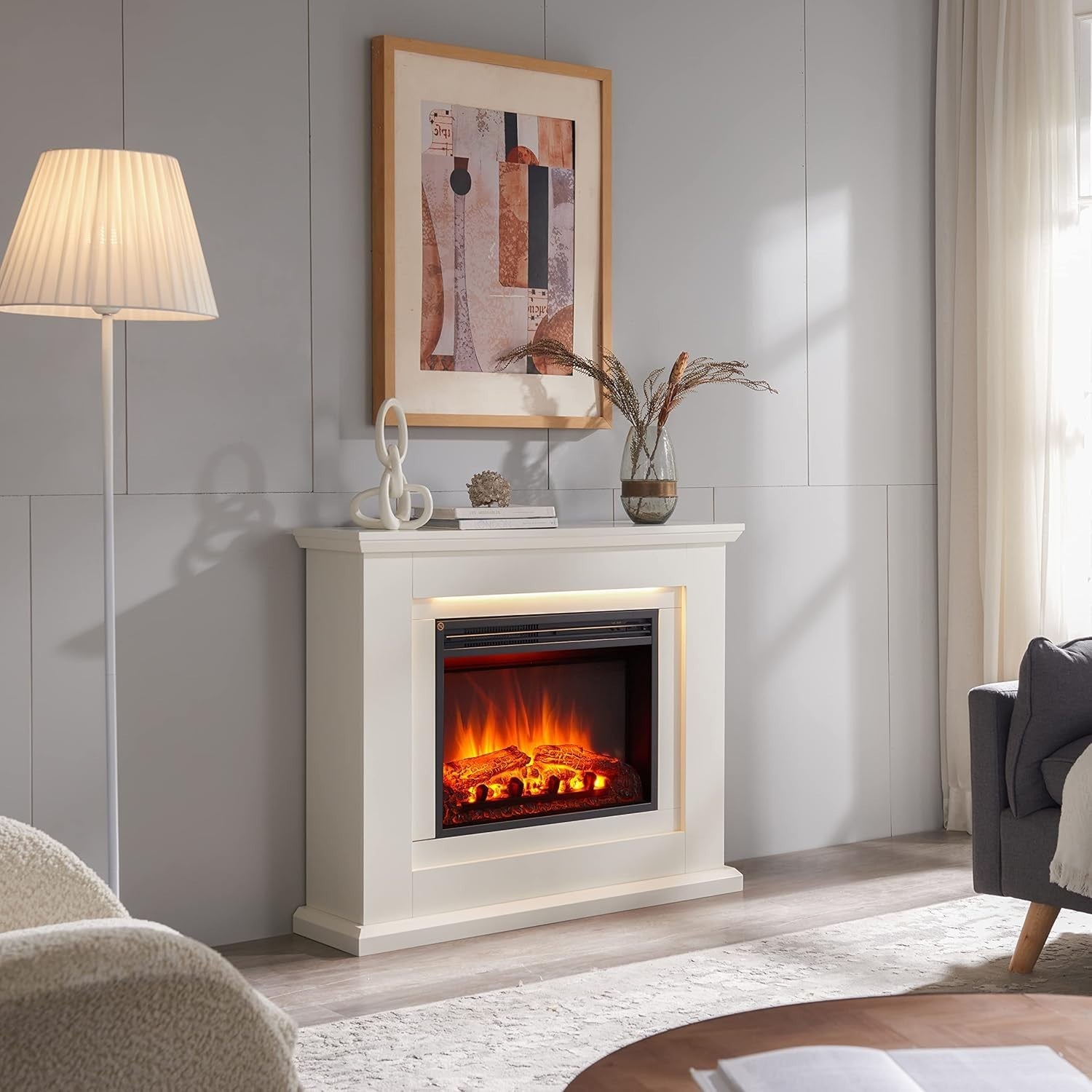 39” White Freestanding Electric Fireplace LED Flame Heater Remote Control
