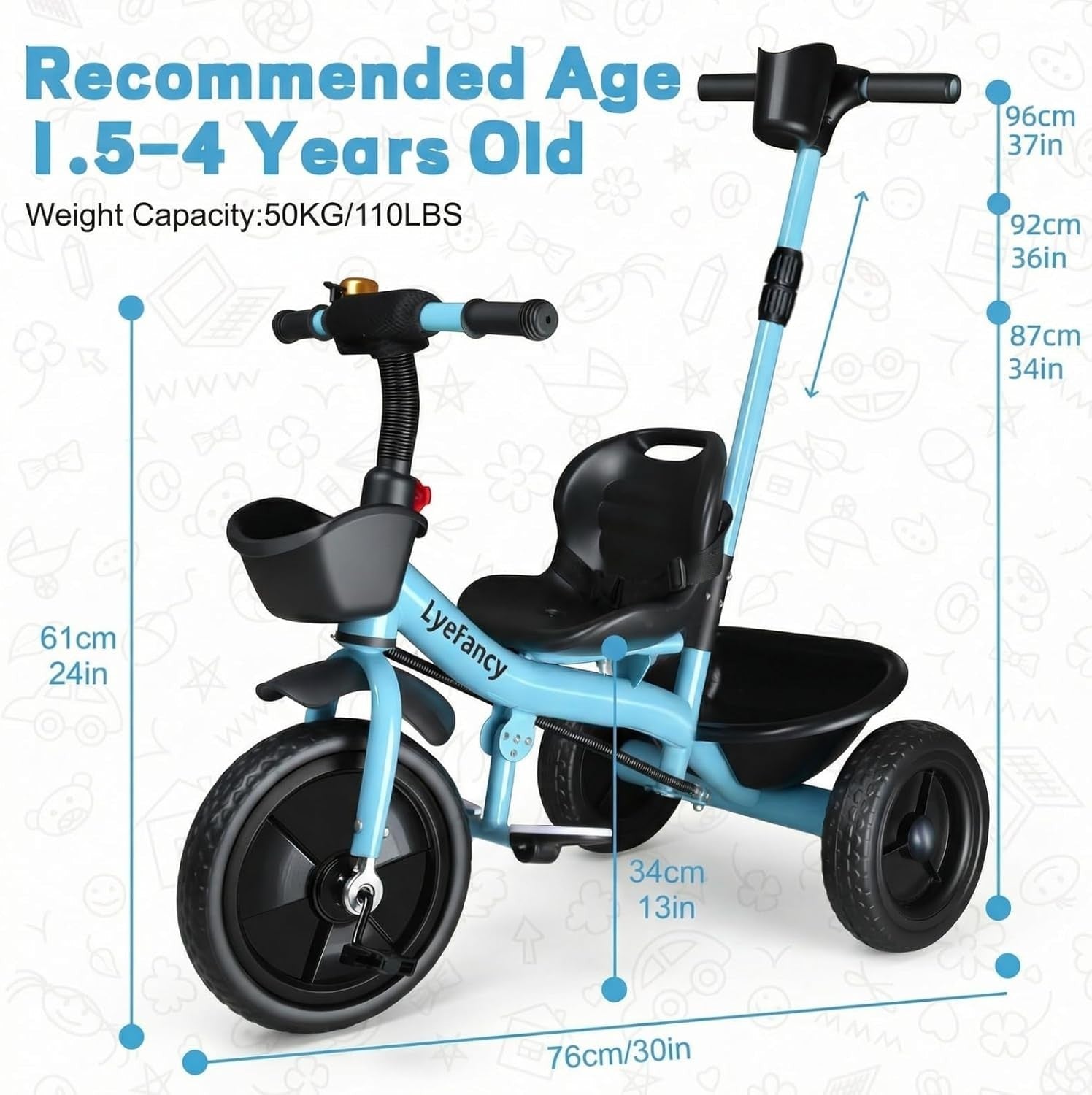 2 in 1 Toddler Tricycle Parent Handle Adjustable Seat Bike Blue 1-4Y