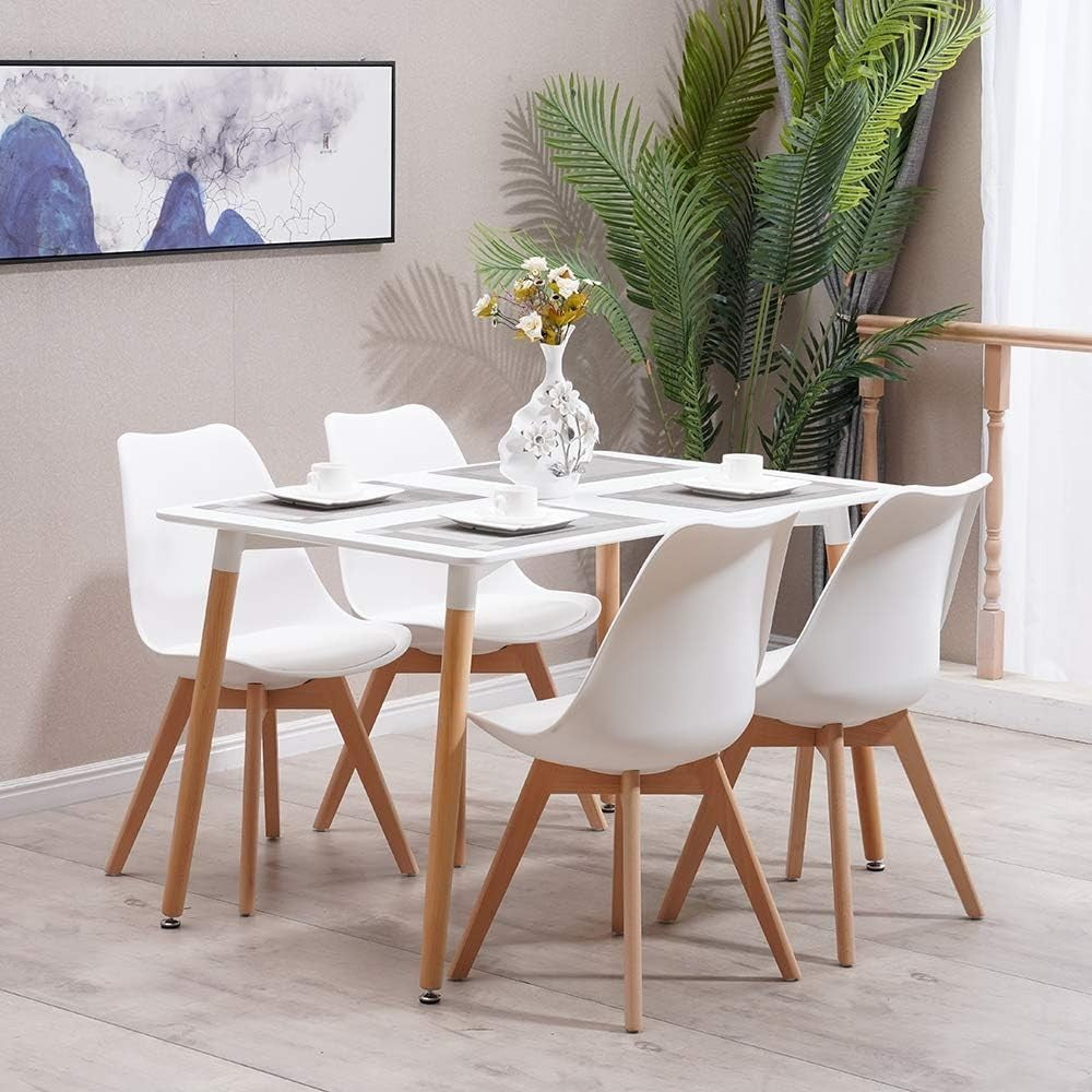 Modern 4 Seat Dining Table Set White Chairs Wood Legs Kitchen 120cm