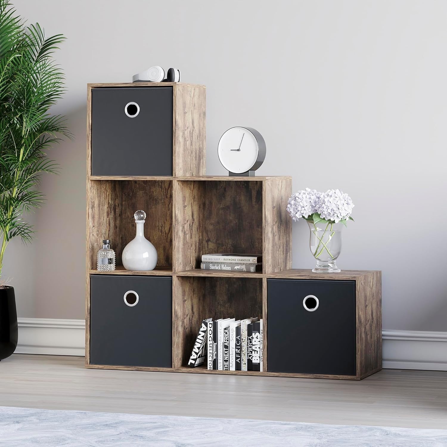 6 Cube Dark Wood Staircase Storage Shelf with 3 Black Baskets – Sturdy Organiser