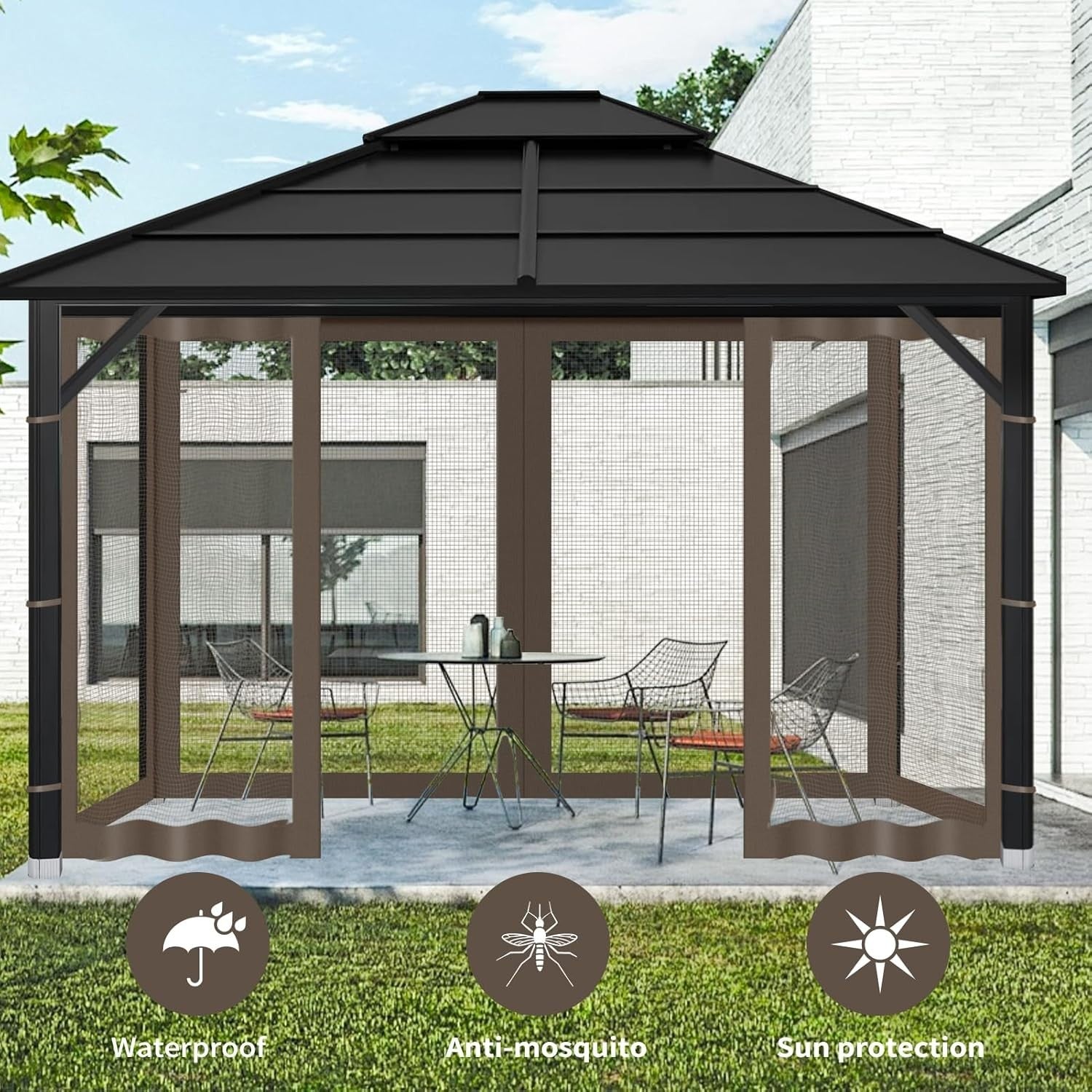 10x12ft Coffee Gazebo Mosquito Netting 4 Panels Zipper Sidewalls Outdoor