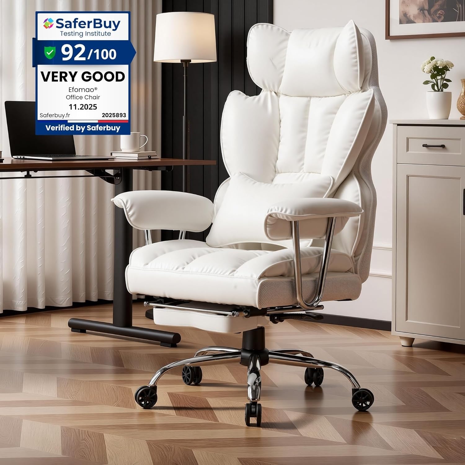 Big & Tall Executive Office Chair 200kg High Back PU Leather Recliner White
