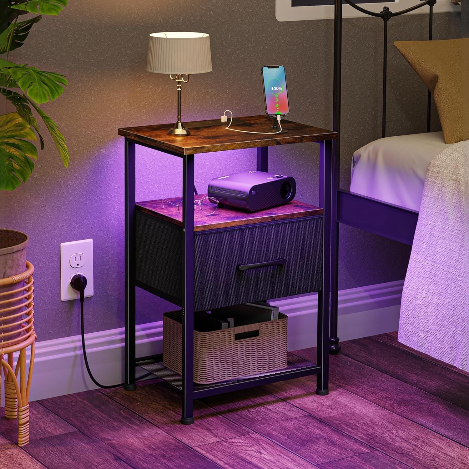 Set of 2 Rustic Brown LED Bedside Tables with Drawer, USB Ports & Power Outlets