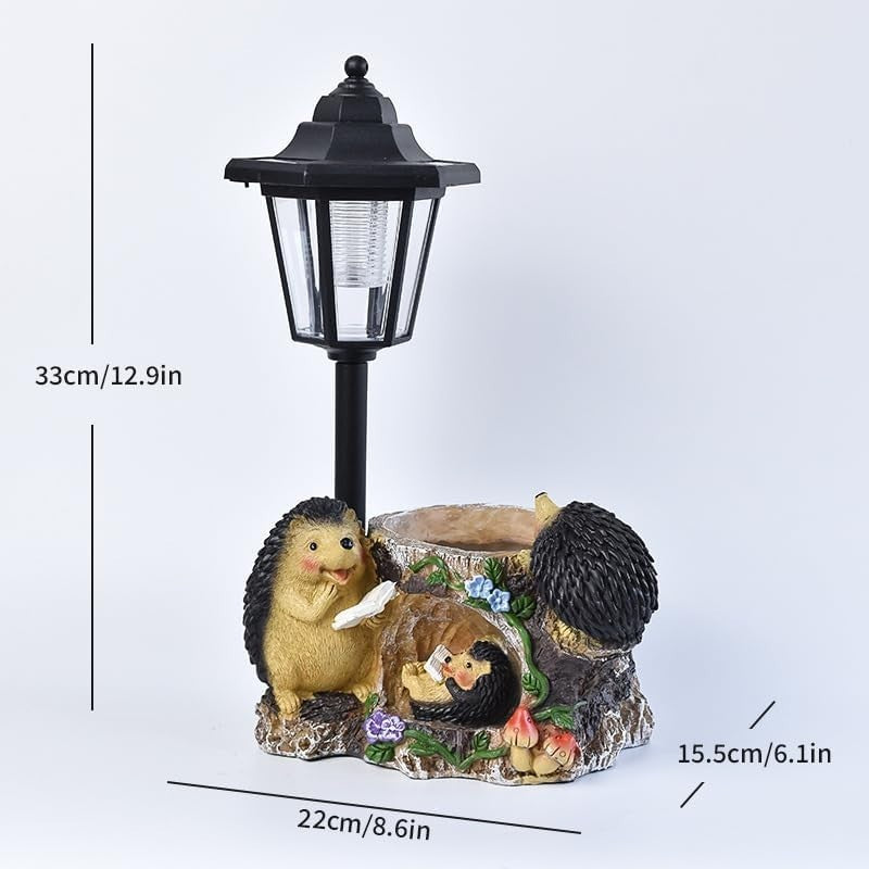 Hedgehog Garden Ornament • Resin Outdoor Statue with Planter & Lamp Post Décor