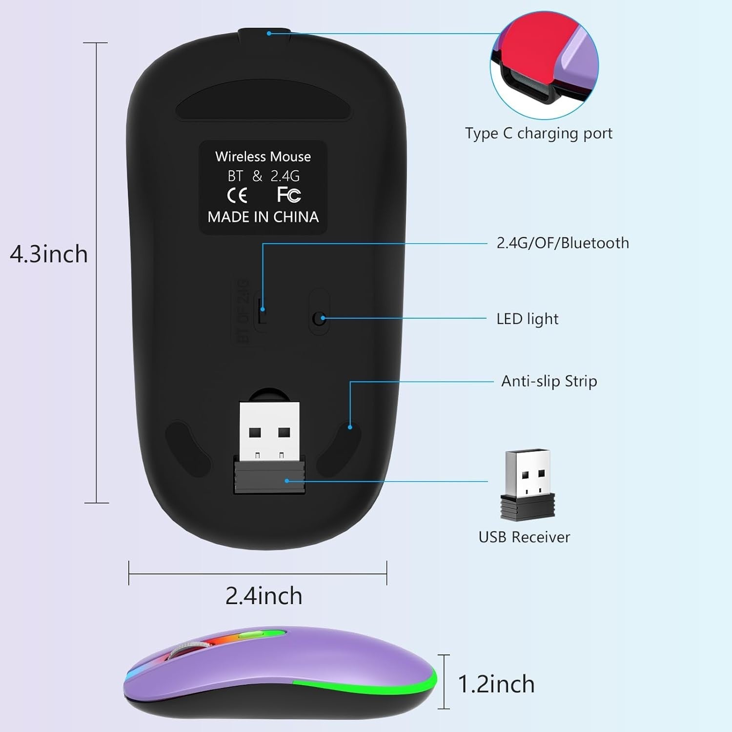 Purple RGB Wireless Mouse Bluetooth 1600 DPI Rechargeable