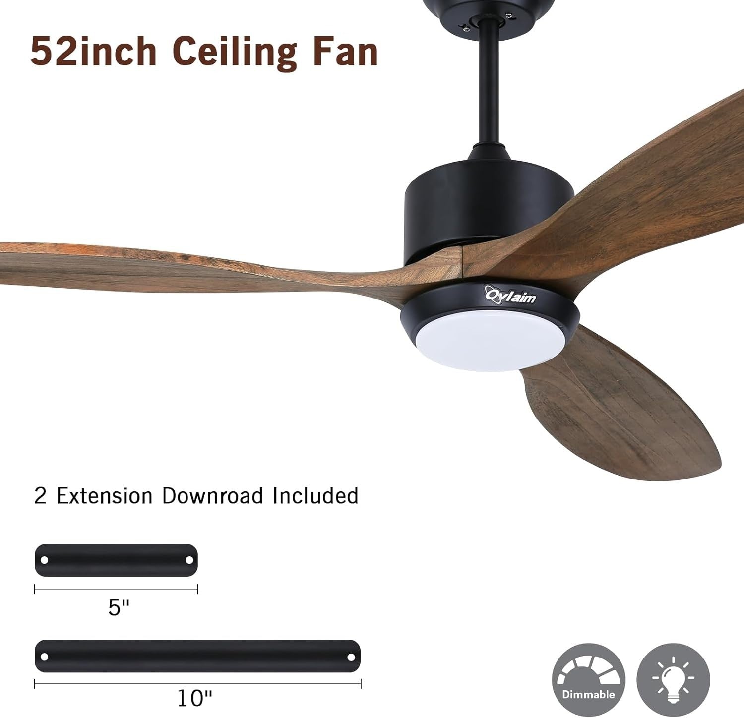 Ovlaim 132cm Wood Ceiling Fan with Light, Quiet DC Motor, Remote Control
