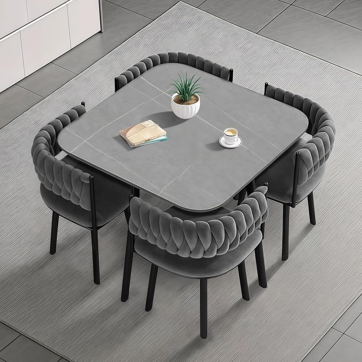 Space-Saving Rock Slab Marble Dining Table & 4 Velvet Chairs Set Grey