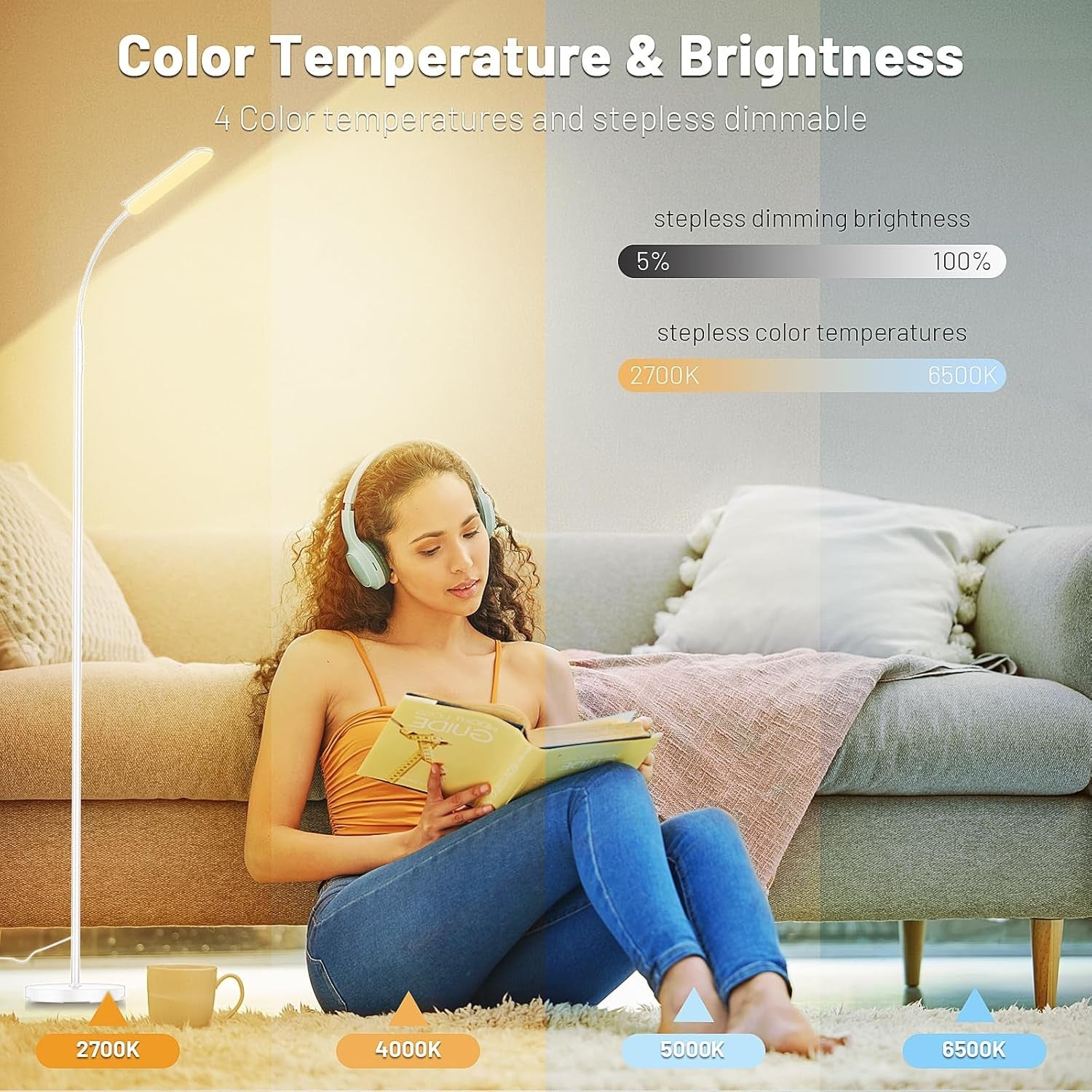 LED Uplighter Floor Lamp Dimmable Remote Touch Reading Light Tall White