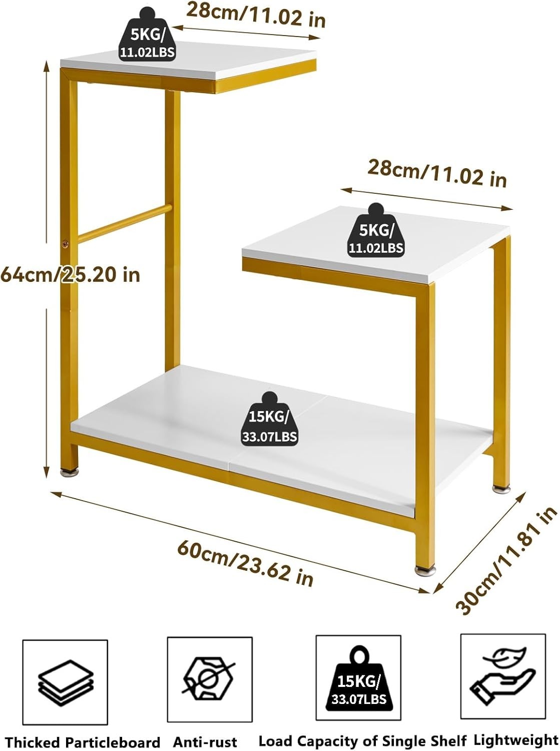 White G-Shaped Side Table 29x60x63.5 cm | Small End Table w/ 3-Tier Storage
