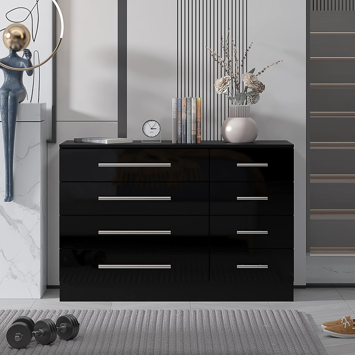 8 Drawer Black High Gloss Chest of Drawers Modern Bedroom Storage Cabinet