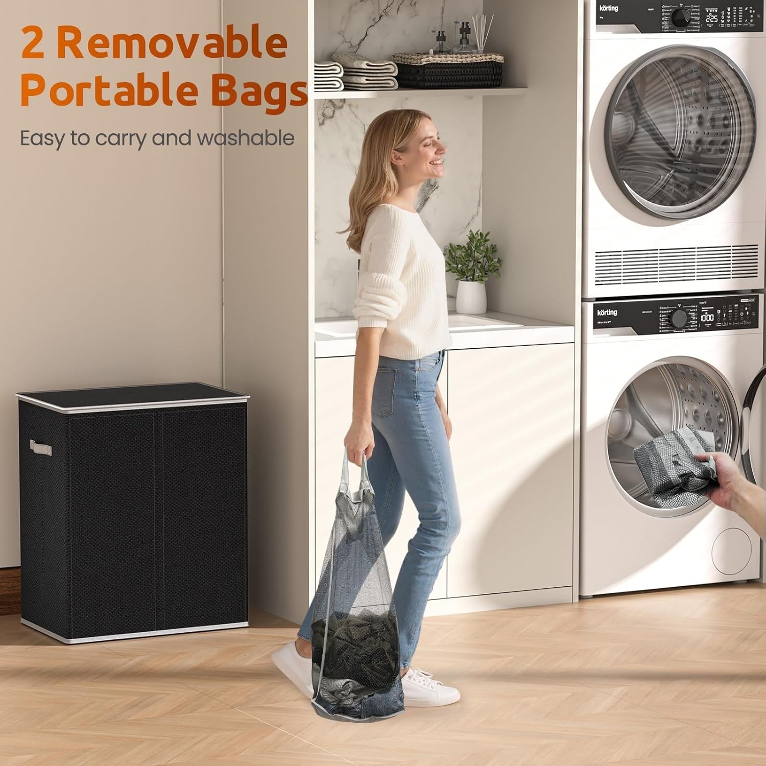 160L Double Laundry Hamper with Lid & 2 Removable Bags Large Clothes Organizer