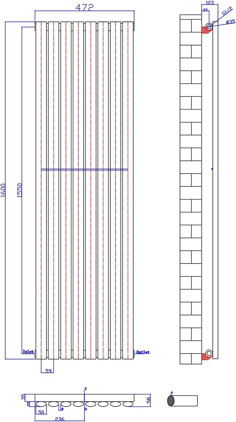 1600x480mm White Vertical Single Panel Oval Column Radiator Heater