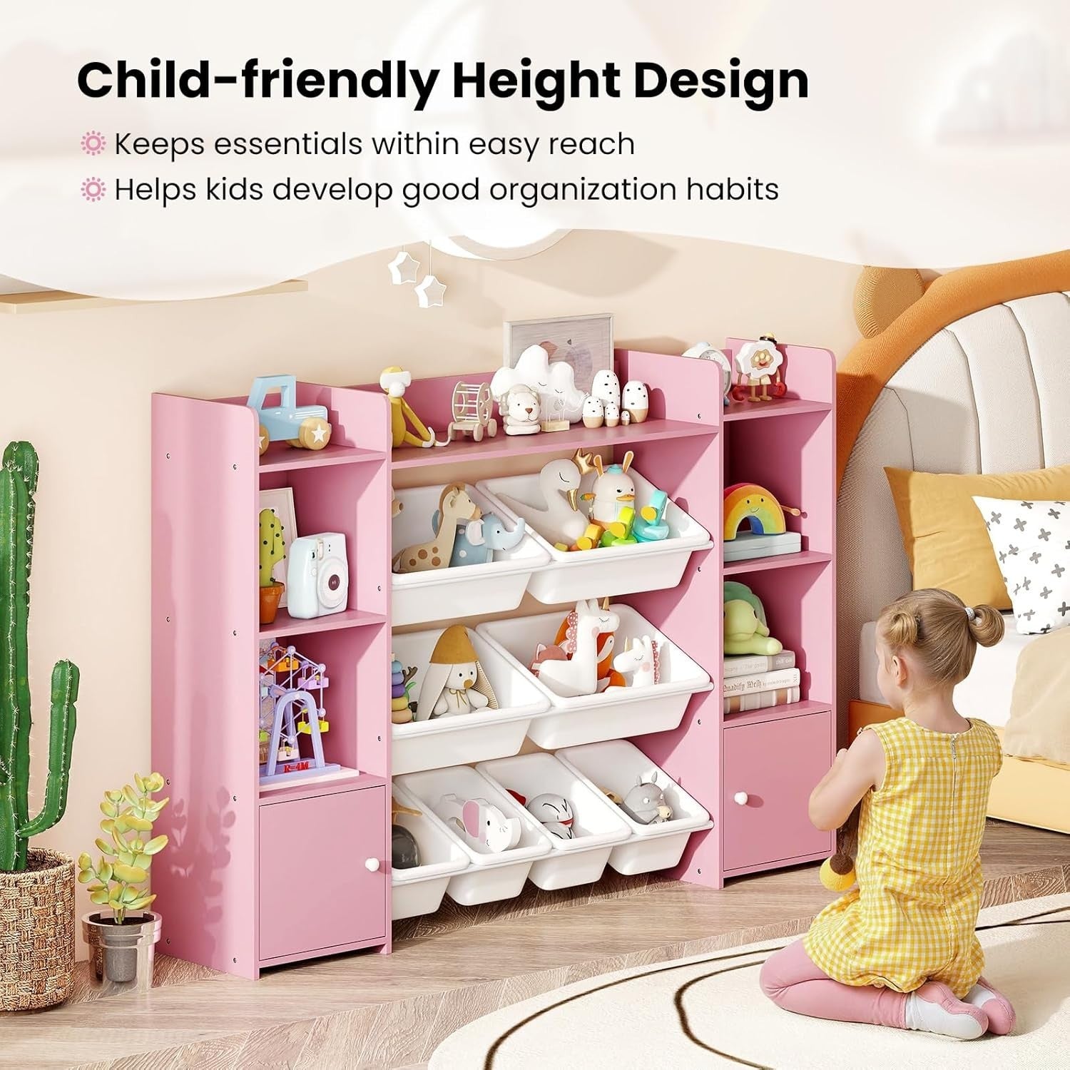 Pink Toy Storage Shelf – Kids 4-Tier Unit with Bins & Cabinets 142cm