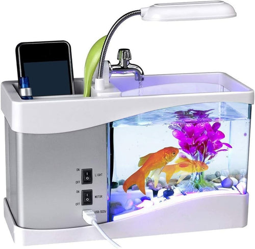 USB Desktop Mini Fish Tank Aquarium LED Lamp Clock Nature Sounds