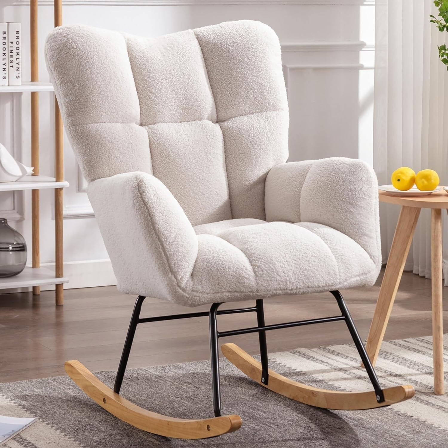 Comfy Rocking Armchair for Adults, Tufted Back, Teddy Fabric, High Backrest