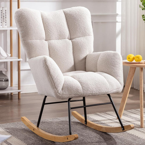 Comfy Rocking Armchair for Adults, Tufted Back, Teddy Fabric, High Backrest