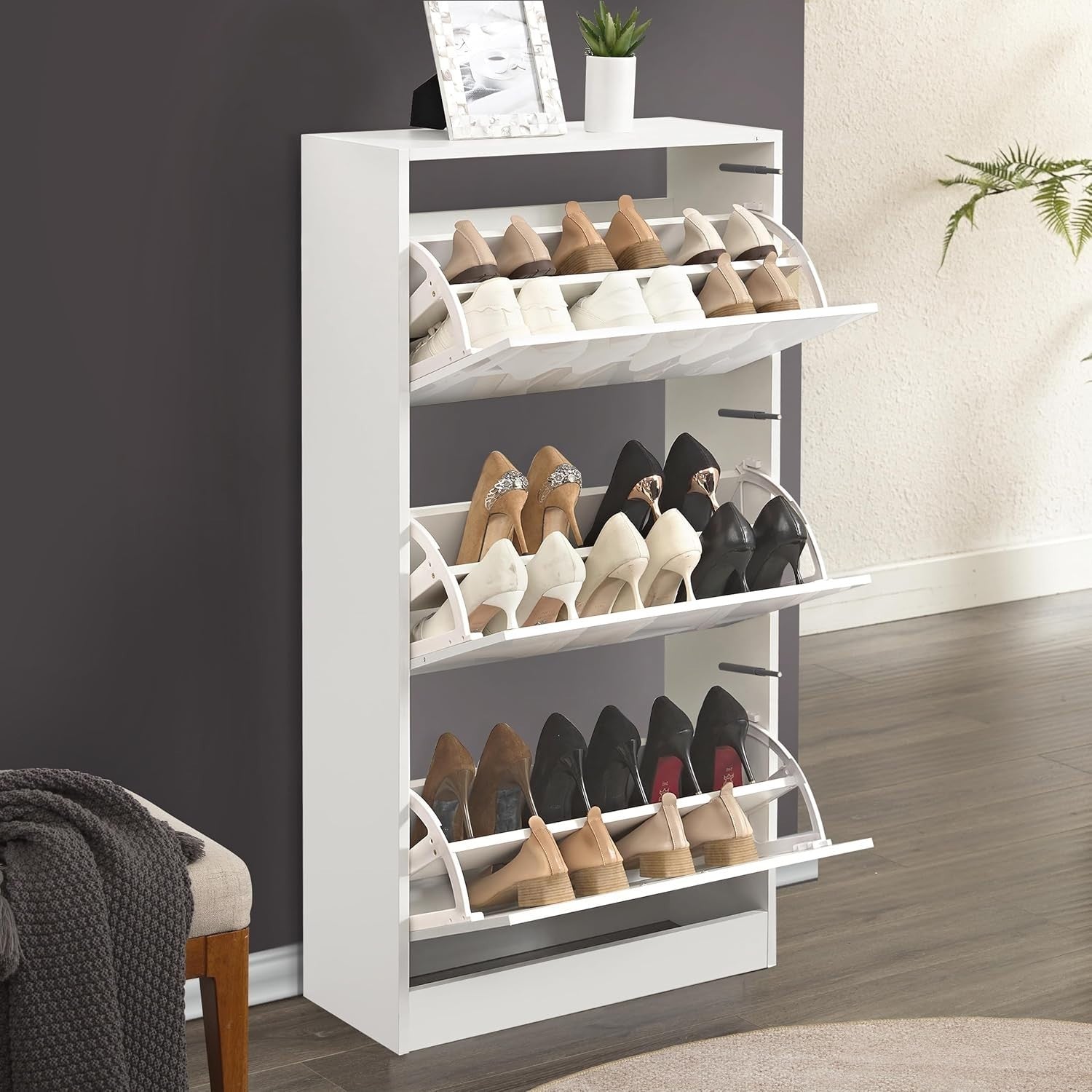 High Gloss 3 Drawer Shoe Cabinet Slim Space-Saving Storage Organizer