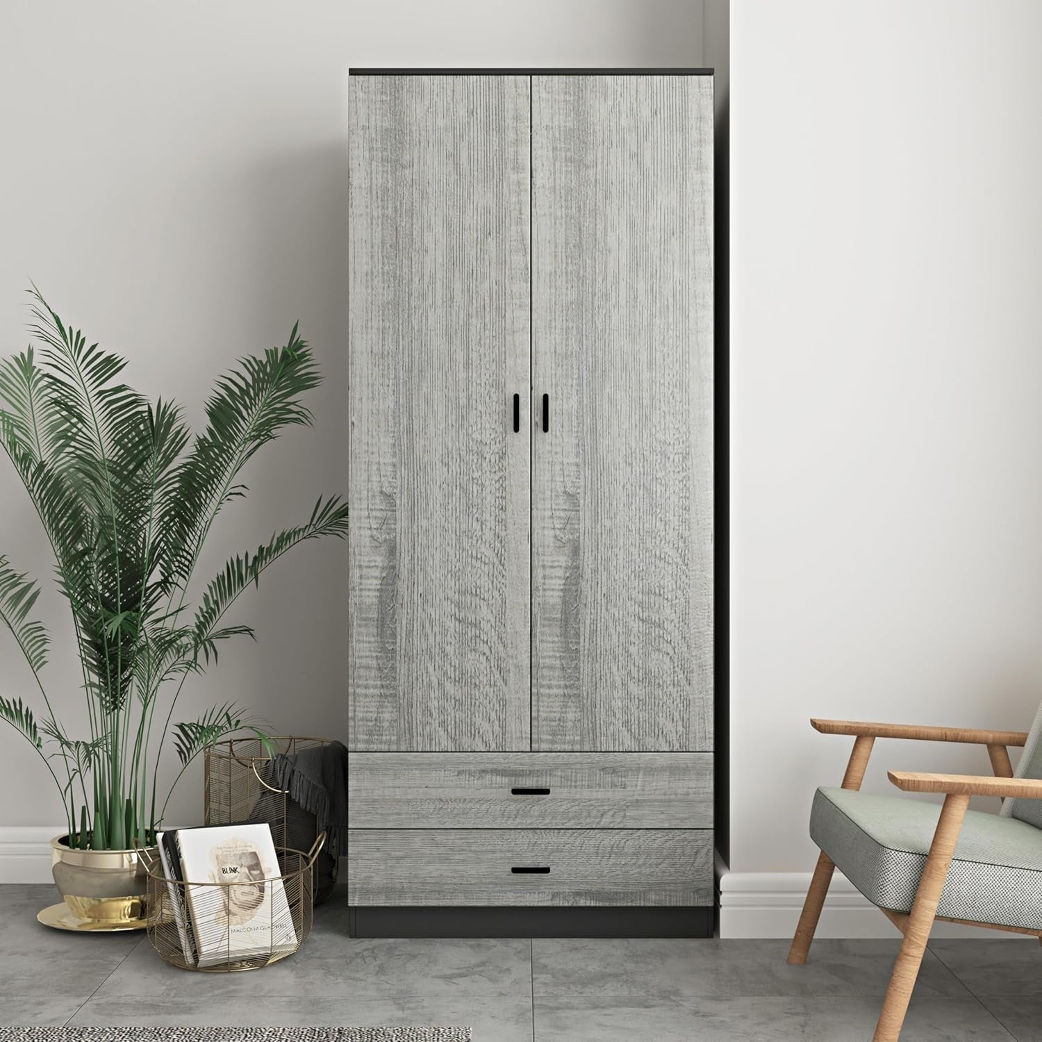 Tall Wardrobe Black Ash Grey 2 Door 2 Drawer Bedroom Clothes Storage Unit