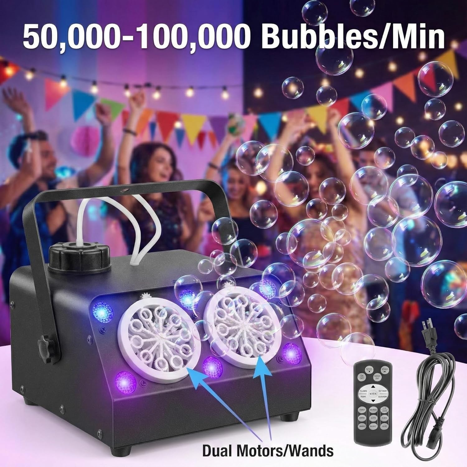 Bubble Machine Remote Timer RGB 100000 Bubble Dual Nozzle