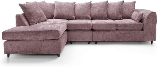 Large Pink Chenille Corner Sofa – Modern L Shape 5 Seater Couch w/ Covers