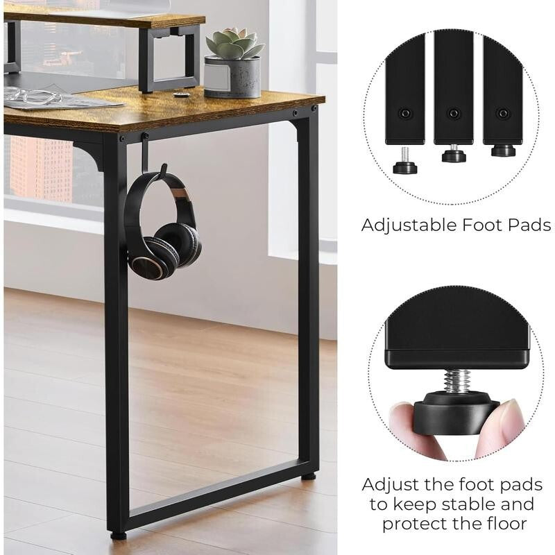 140cm Rustic Computer Desk with Monitor Stand, Cable Ports & Headset Hook