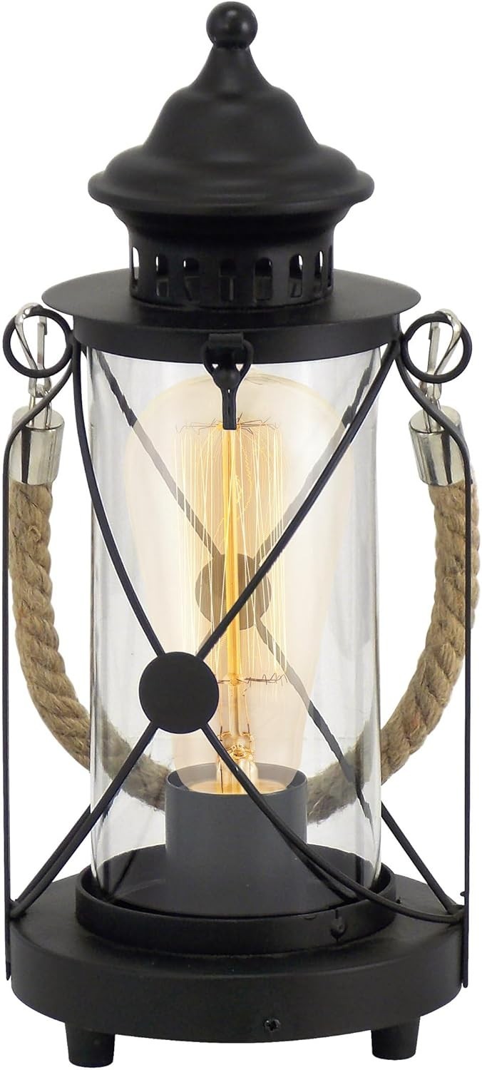 EGLO Bradford Black Vintage Table Lamp Glass E27 Bedside Lantern