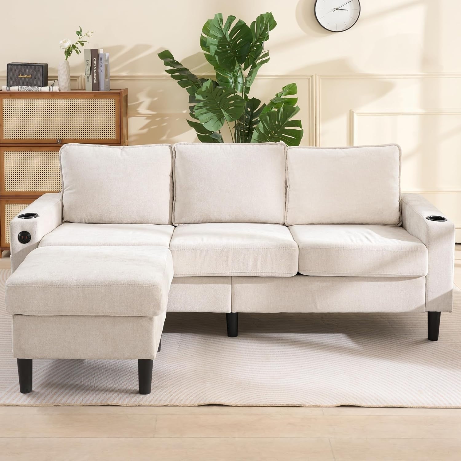 3 Seater L Shaped Sofa Bed USB Cup Holder Storage Compact Modern Beige