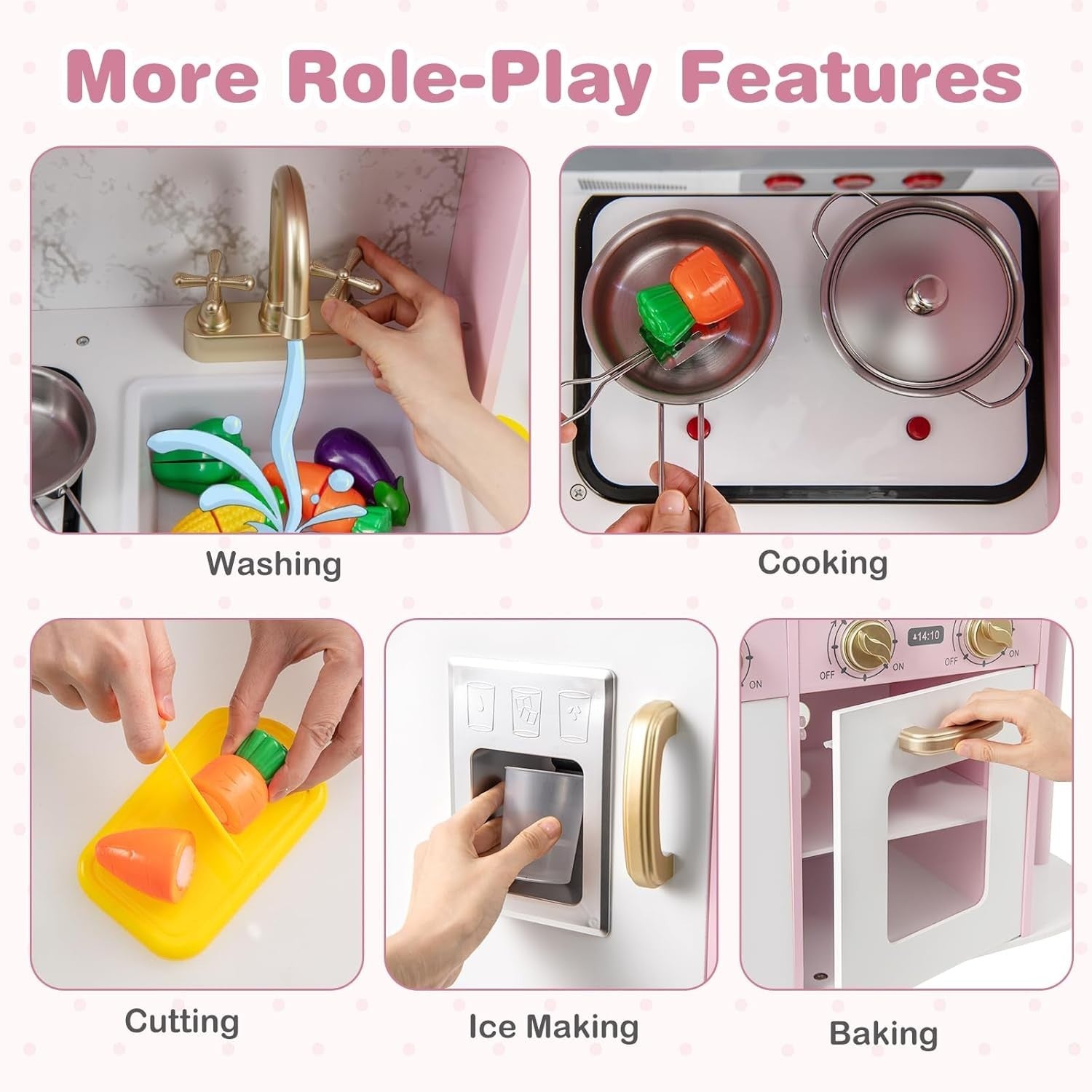 Pink Kids Play Kitchen Lights Sounds Ice Maker Chef Toy Set